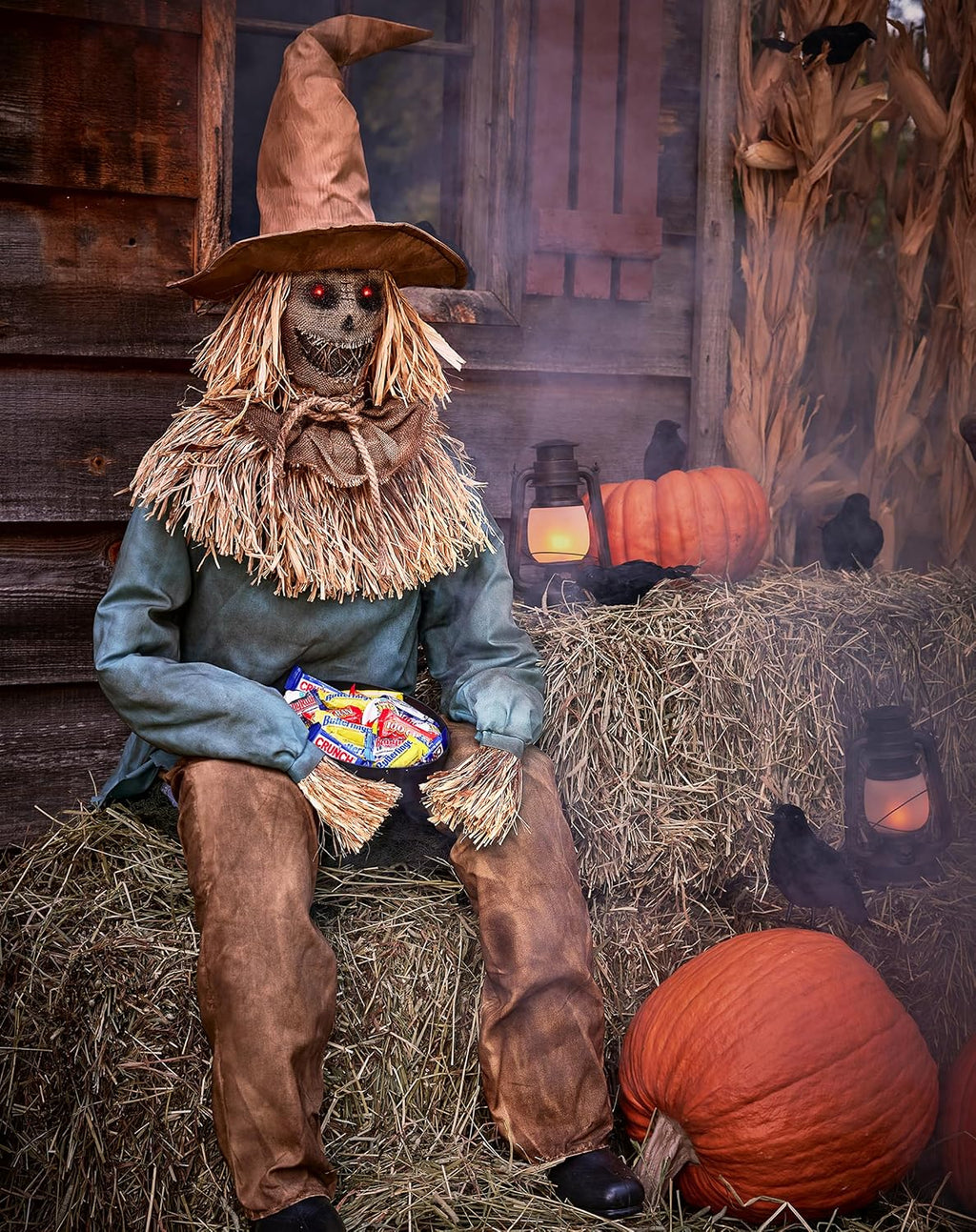 4 Ft 6 In Scary Sitting Scarecrow Animatronic, Multicolor