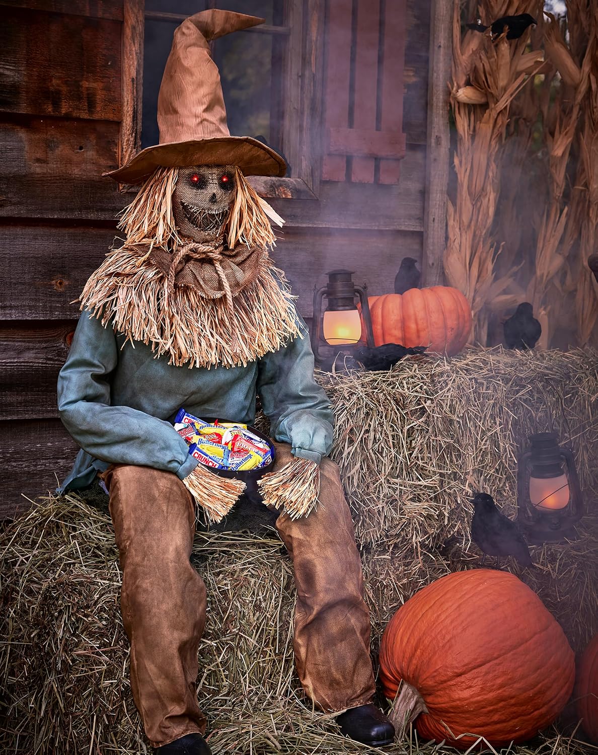 4 Ft 6 In Scary Sitting Scarecrow Animatronic, Multicolor