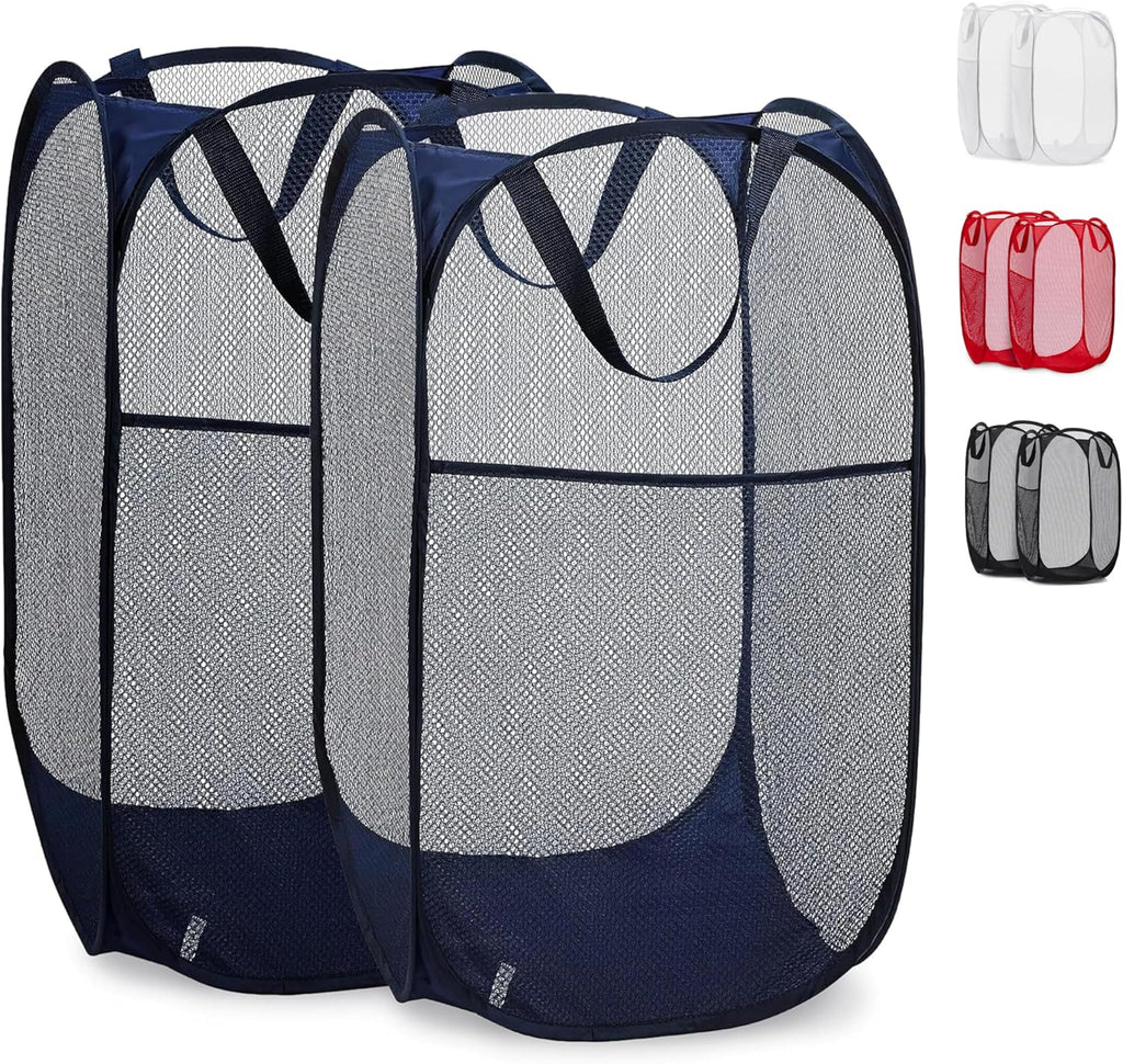 Collapsible Mesh Pop Up Laundry Hamper 2-Pack – Large Foldable Laundry Basket with Side Pocket, Breathable & Durable