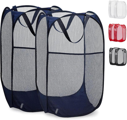 Collapsible Mesh Pop Up Laundry Hamper 2-Pack – Large Foldable Laundry Basket with Side Pocket, Breathable & Durable