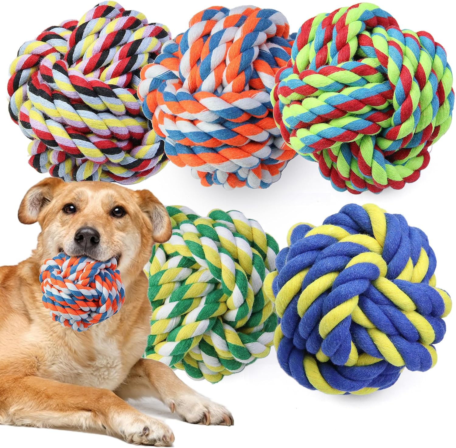 Extra Large Rope Balls for Aggressive Chewers - 5 Pack Chew Toys for Medium Large Breeds, Dental Dog Balls, Puppy