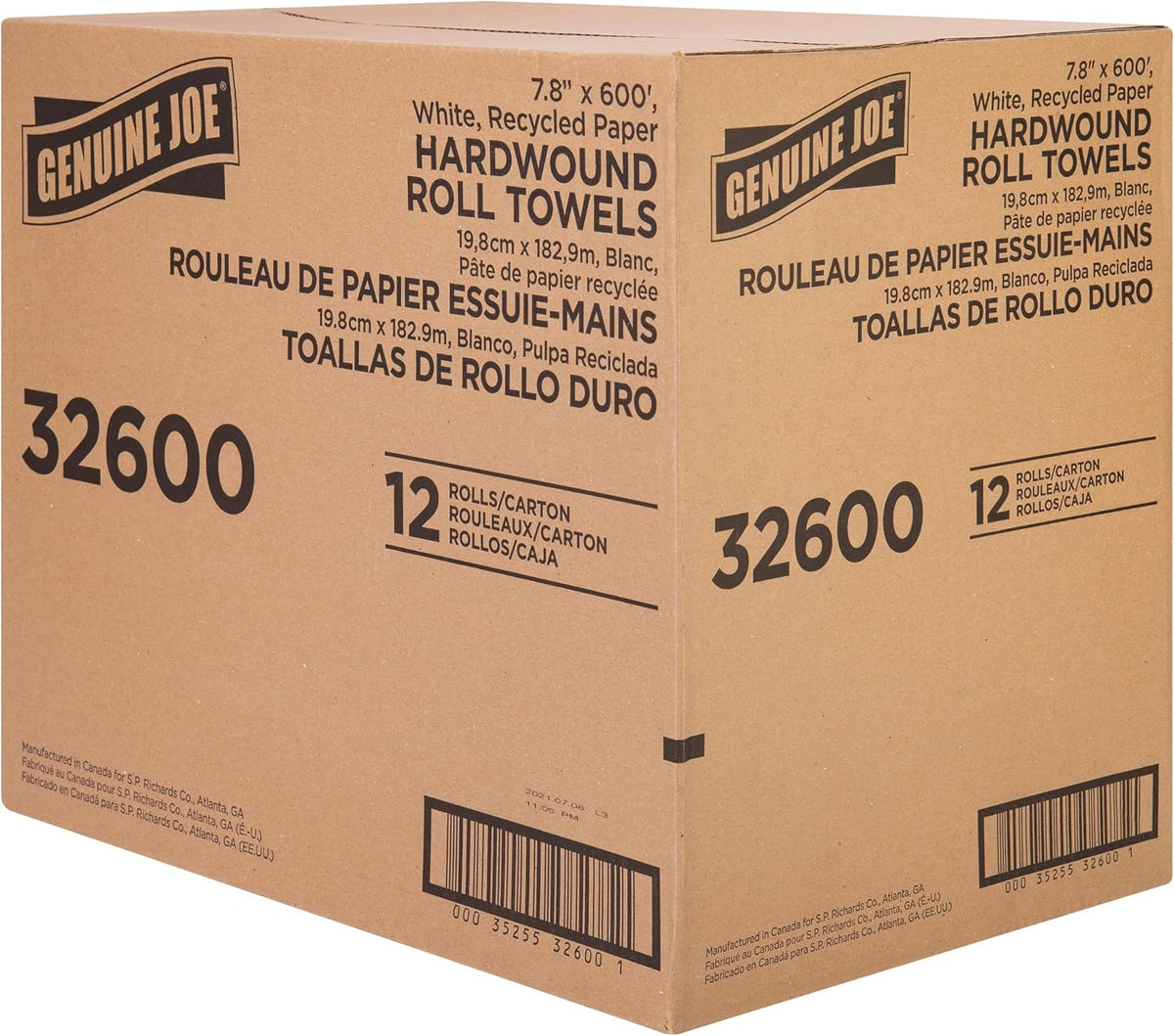 Embossed Hardwound Roll Towels, 2" Core, 1-Ply, 7.8" x 600', White, 12 Count
