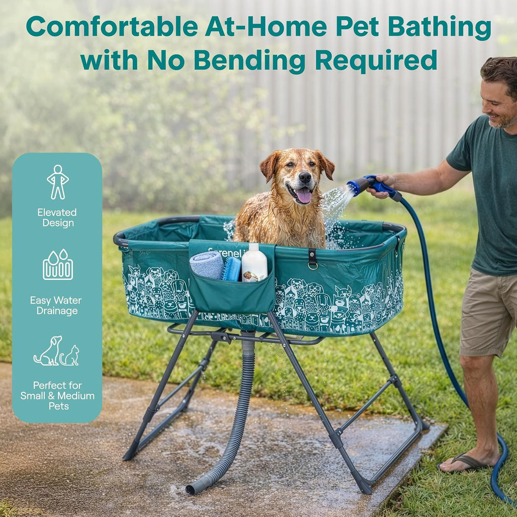 Foldable Dog Bath Tub with Adjustable Height, 360° Access, Drain Hose & Storage Pockets – 130 lb Capacity Grooming