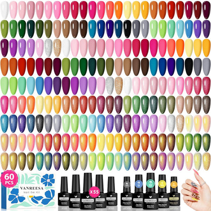 60 Pcs Gel Nail Polish Set, 55 Colors Gel Polish with Base Coat & 4 Effects Top Coat Full-Color Nail Polish Set All