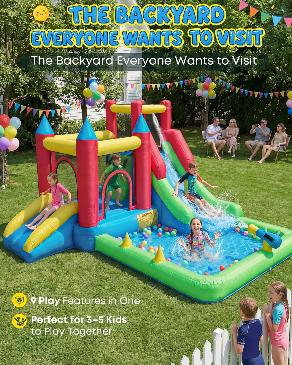 Inflatable Water Slide, 9-in-1 Bounce House for Kids Ages 3–6, Wet or Dry Bouncy Castle with Trampoline, Climbing