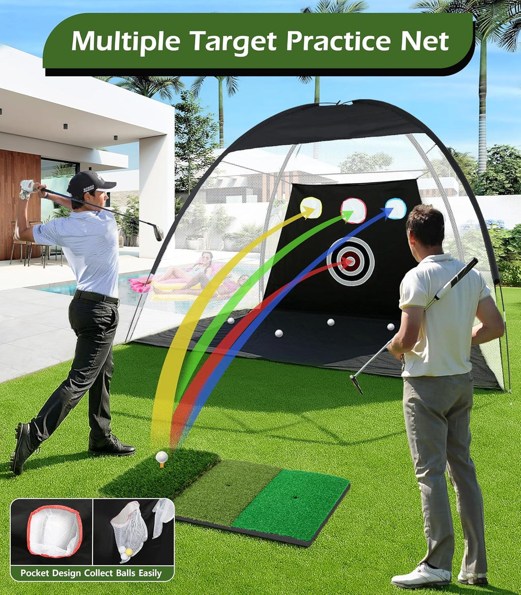 Golf Net, 10x7FT Home Golf Hitting Aids Equipment with Foldable Tri-Turf Mat for Backyard Driving Chipping Swing with