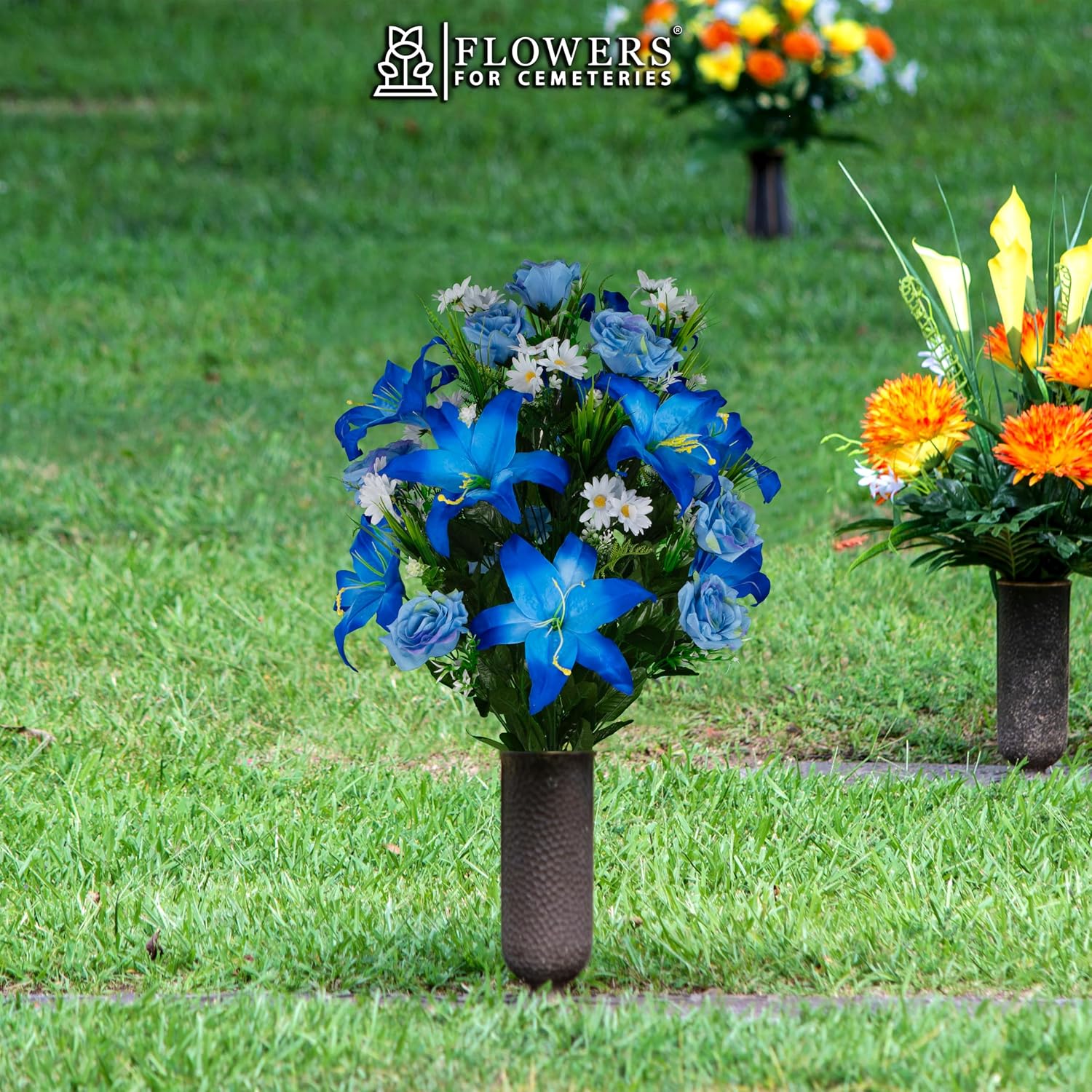 Artificial Cemetery Flowers - Gravesite Flowers - Blue Lily and Rose with White Daisies