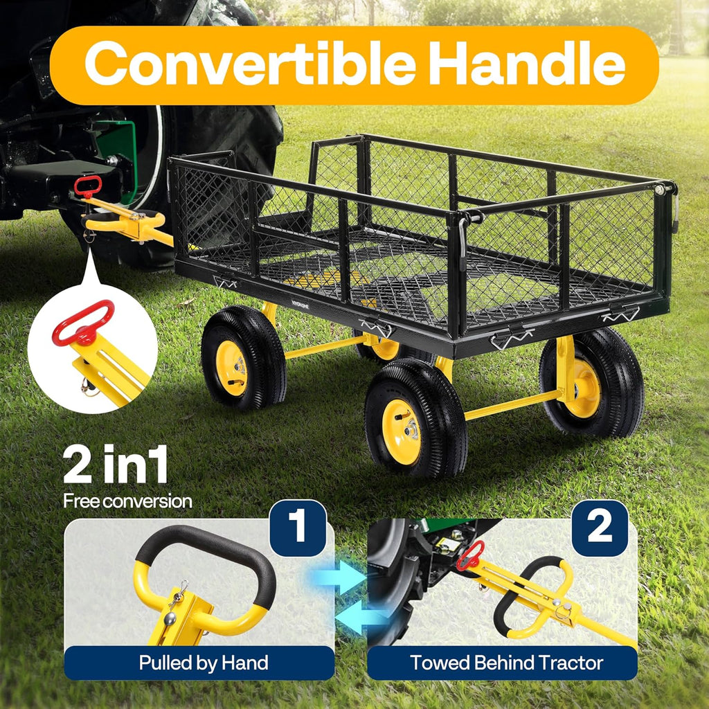 Garden Cart Steel Heavy Duty 900 LBS Yard and Garden Wagon with 10 inch Tire and Handle Attach to ATV or Tractor Black