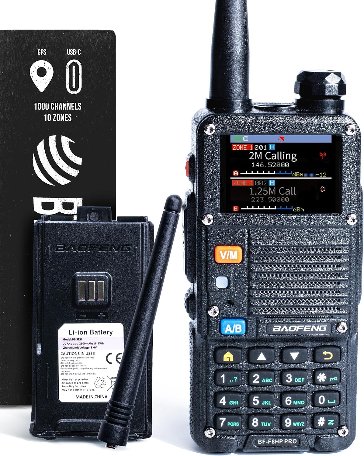 BF-F8HP PRO 10W Tri-Band Ham Radio, UV-5R 7th Gen Upgrade, GPS, 1,000 Channels, Airband/NOAA/FM Receive, IP54, USB-C