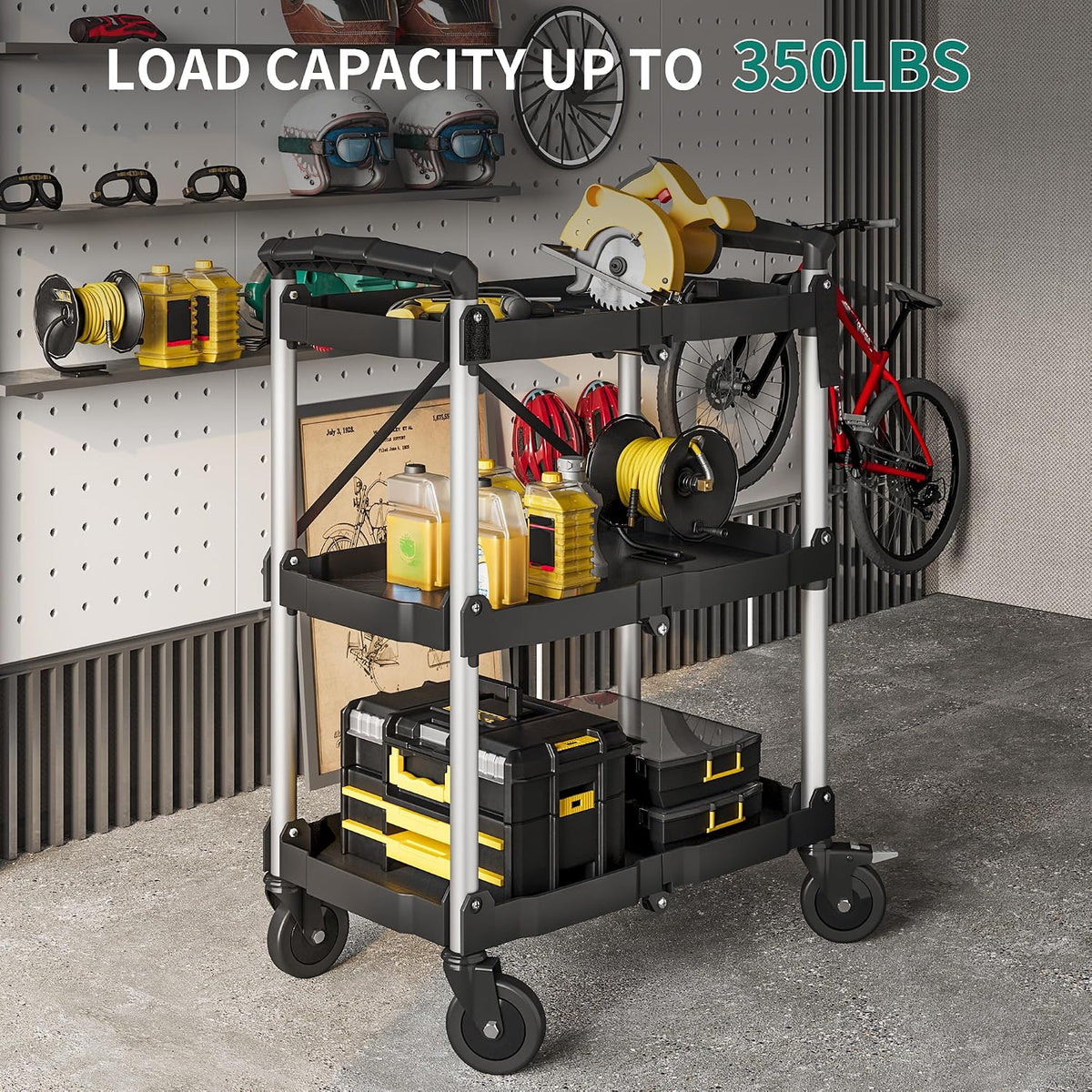 3-Tier Folding Utility Cart with Wheels (2 Brakes), 350lbs
