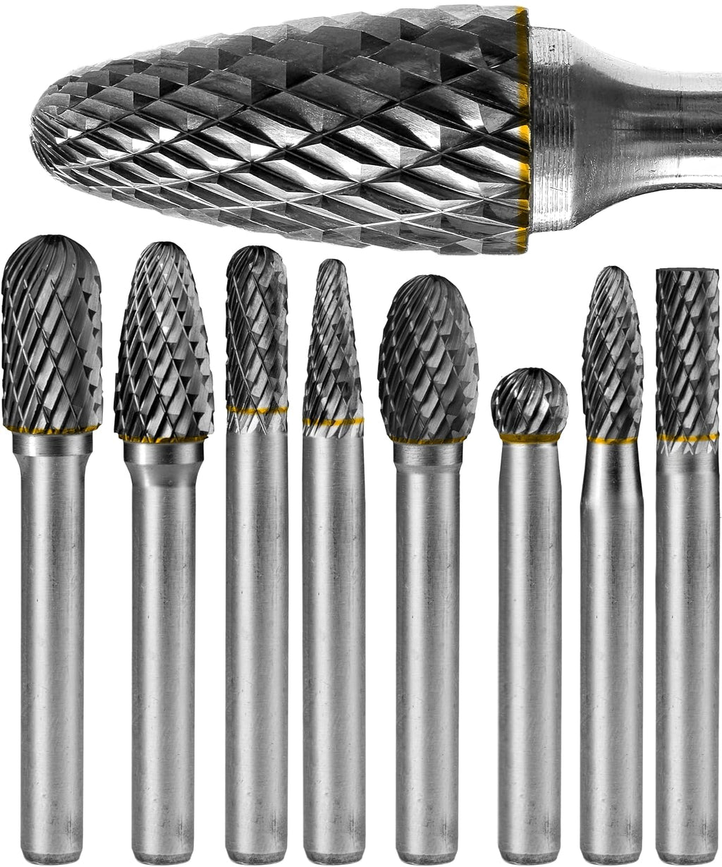 Carbide Burr Set 1/4 In Shank 8-Pc 8mm Head with Clear Storage Box