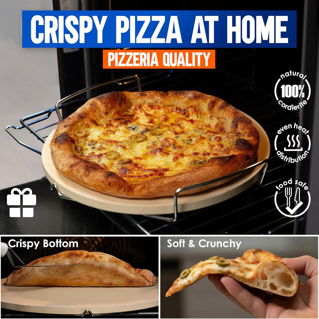 12-inch Pizza Stone for Oven and BBQ Grill with Handles, Round, 5/8" Thick - Natural Cordierite, 1800 °F Resistant