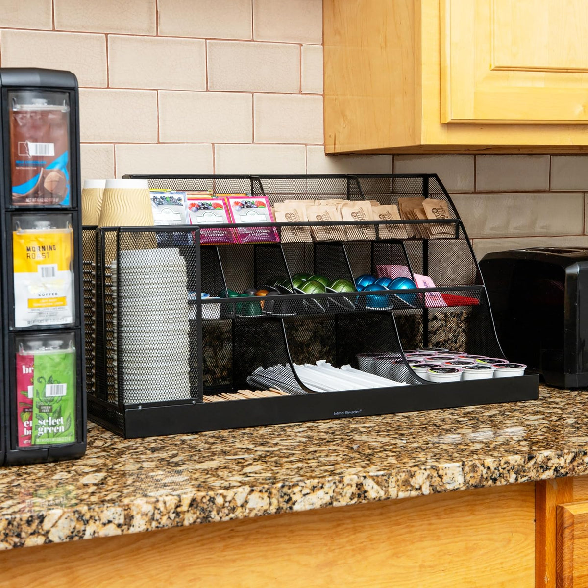 Cup and Condiment Station, Breakroom Countertop Organizer, 3-Tier Storage for Office Coffee Stations and Shared