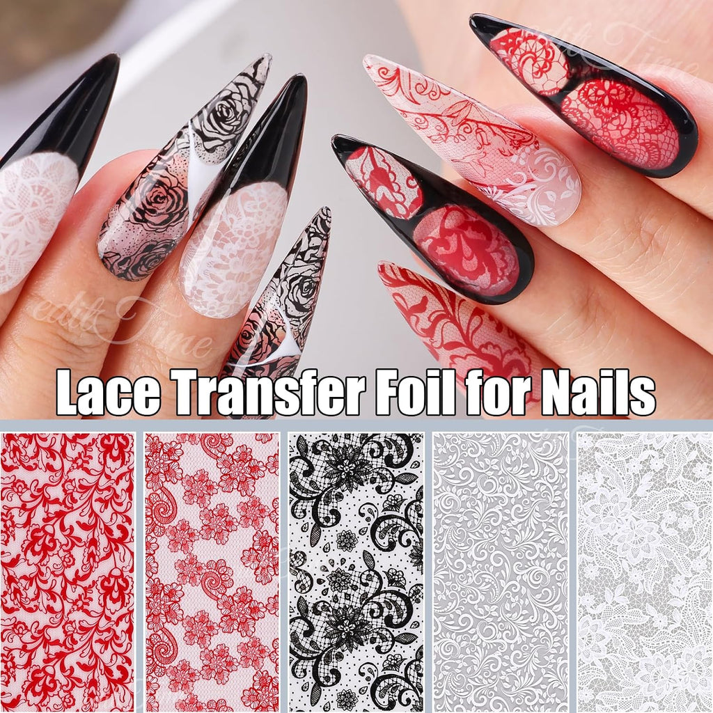 Lace Nail Foil Transfer Sheets, 10 Rolls Black White Red Flower Nail Art Transfer Foils Decals, Flower Nail Art Foils