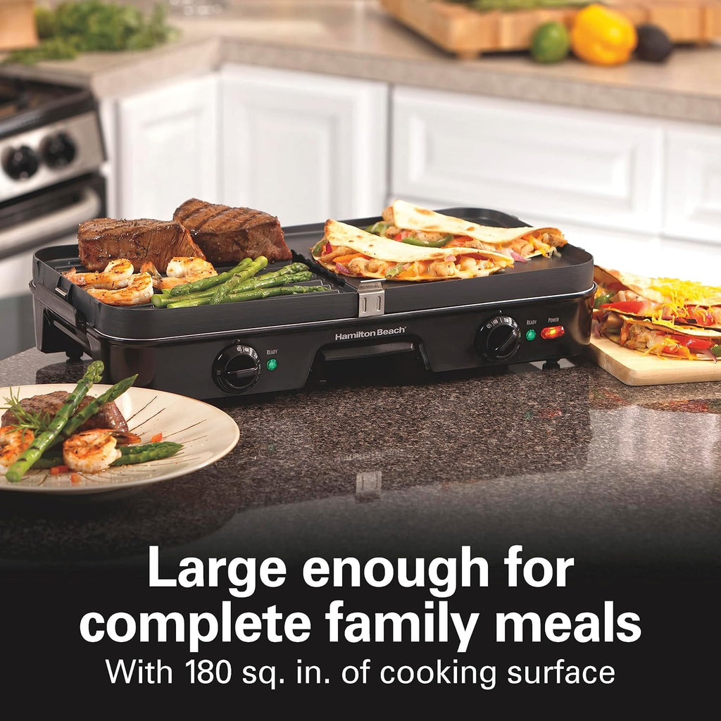 3-in-1 Electric Indoor Grill + Electric Griddle | 180 sq. in. Reversible PFAS-Free Non-Stick Plates | 2 Individual