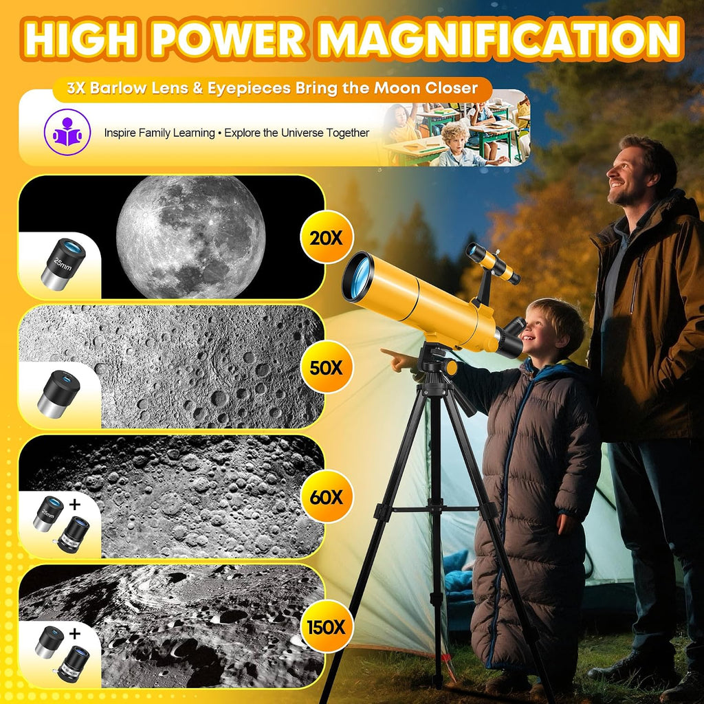 Telescope for Adults & Kids, 80mm Aperture 500mm Refractor | Portable Travel Telescopes