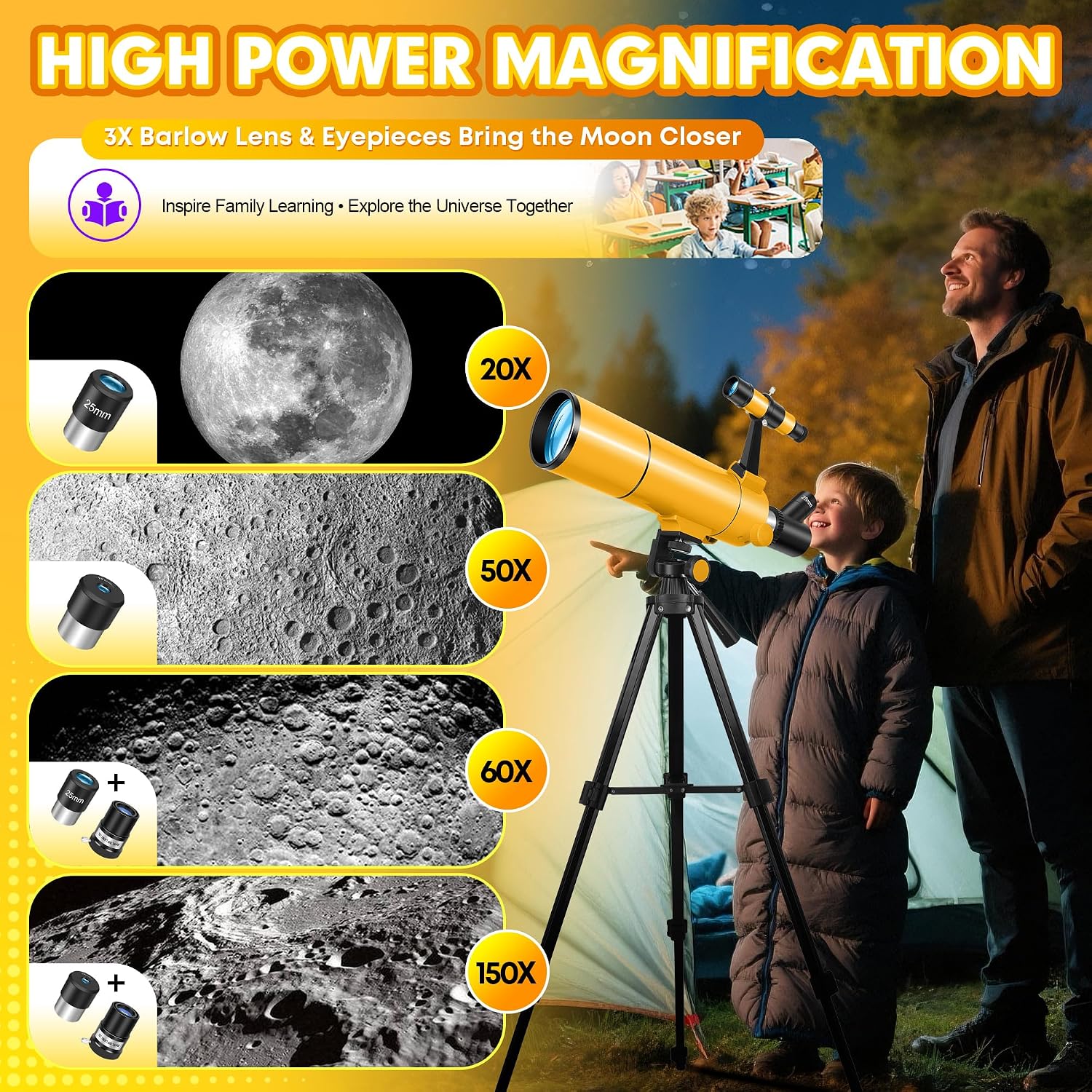 Telescope for Adults & Kids, 80mm Aperture 500mm Refractor | Portable Travel Telescopes
