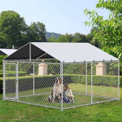 10'x10' Outdoor Dog Enclosure with Metal Dog Gate, Dog Kennel Outside with Roof, Dog Fence Outdoor for Yard