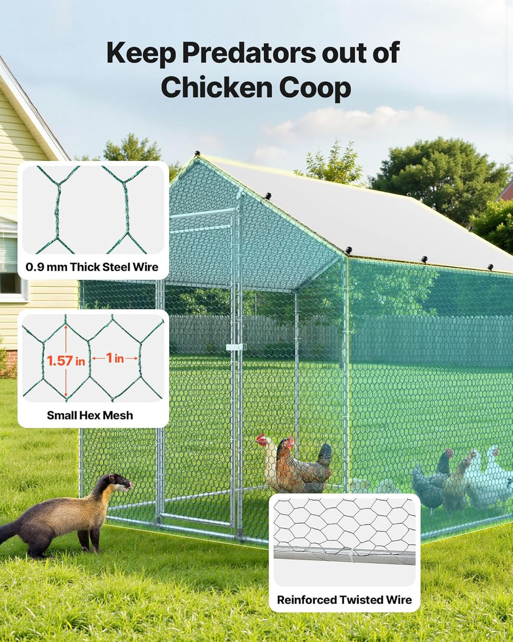 Metal Chicken Coop, 6.56x6.56x6.56ft Large Walk-in Chicken Run with Cover, Spire Roof Hen House Enclosure with