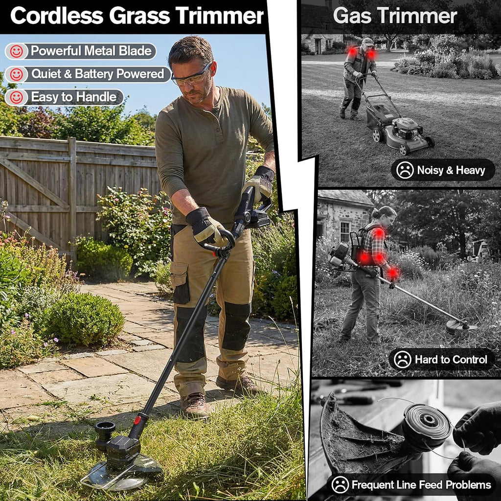 21V Cordless Weed Wacker & Weed Eater, Lawn Edger & Brush Cutter | String Trimmer, Metal Blades, Wire Brush, Guide