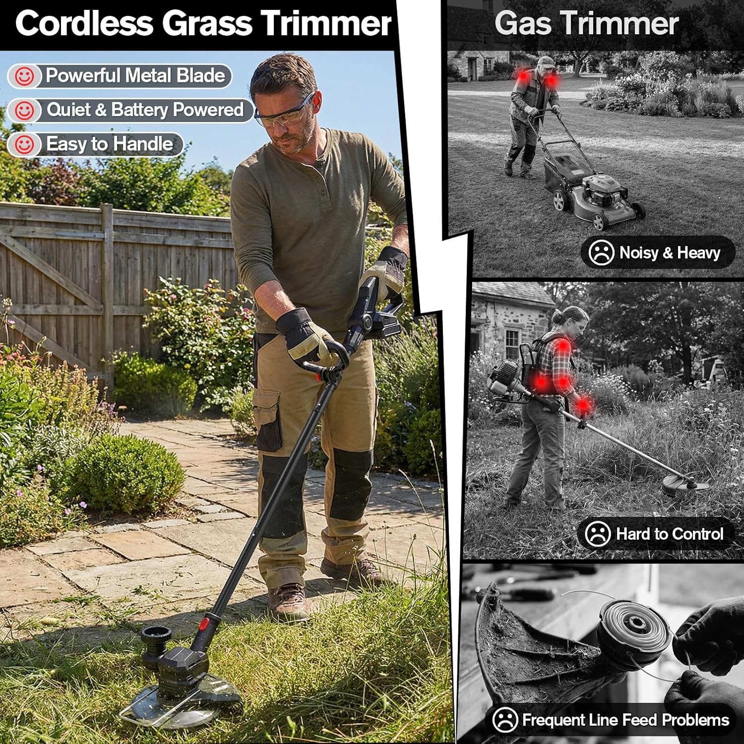 21V Cordless Weed Wacker & Weed Eater, Lawn Edger & Brush Cutter | String Trimmer, Metal Blades, Wire Brush, Guide