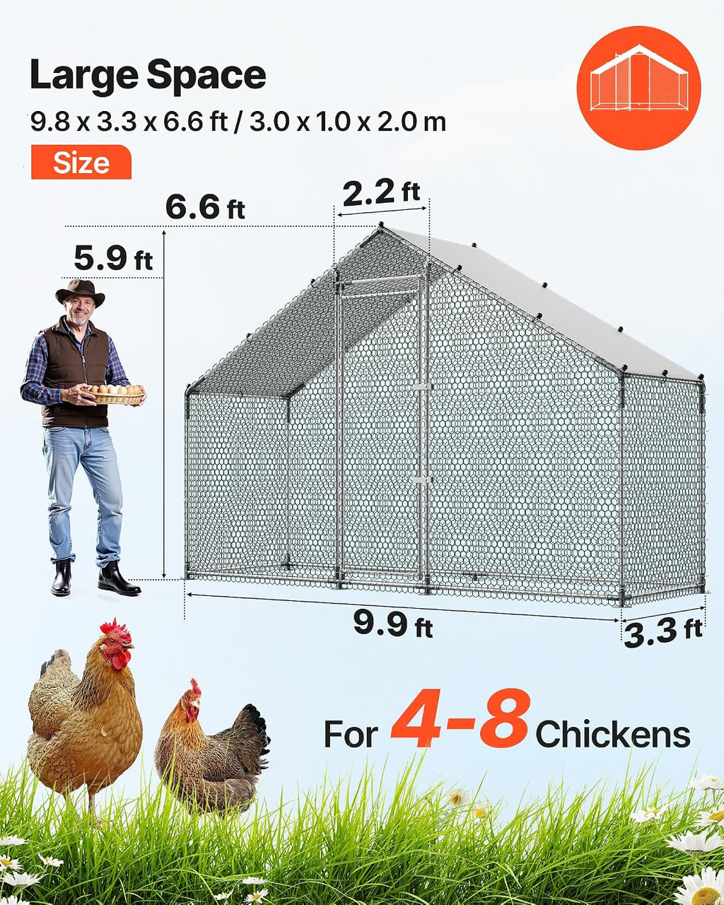 Large Metal Chicken Coop,9.8 x 3.3 x 6.6 ft, Walk-in Chicken Run House with Waterproof Cover & Sturdy Frame, Spire