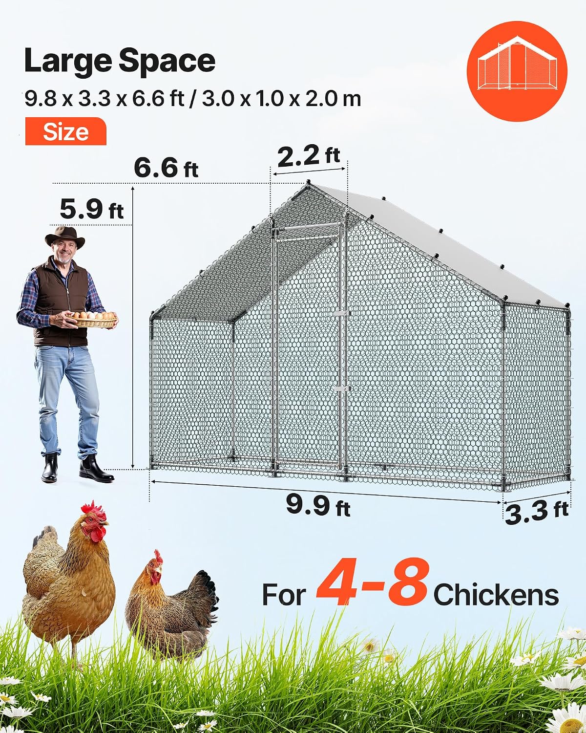 Large Metal Chicken Coop,9.8 x 3.3 x 6.6 ft, Walk-in Chicken Run House with Waterproof Cover & Sturdy Frame, Spire