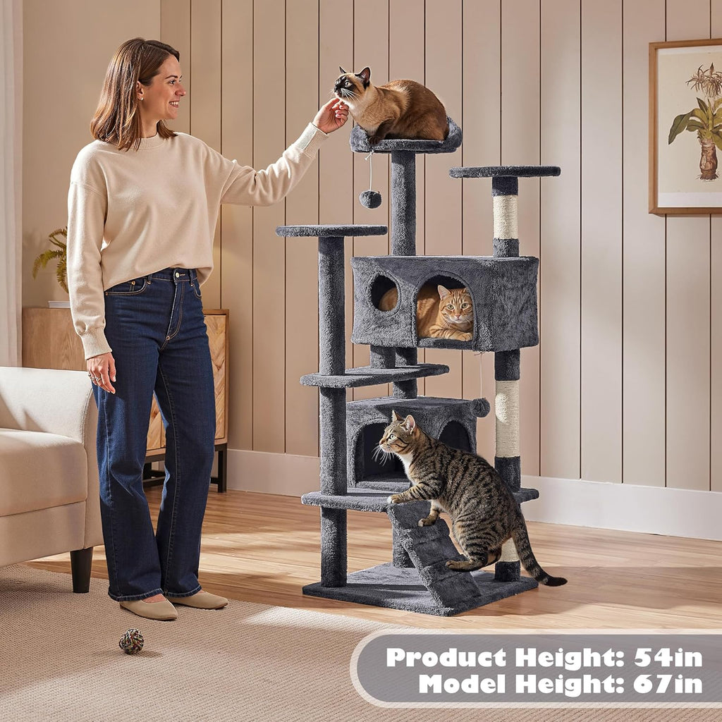 Yaheetech 54in Cat Tree, Multi-Level Cat Tower with Spacious Kitten-ear Perch, 2 Cozy Caves, Scratching Posts