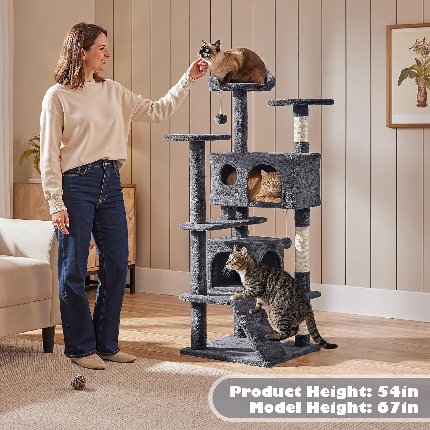 Yaheetech 54in Cat Tree, Multi-Level Cat Tower with Spacious Kitten-ear Perch, 2 Cozy Caves, Scratching Posts