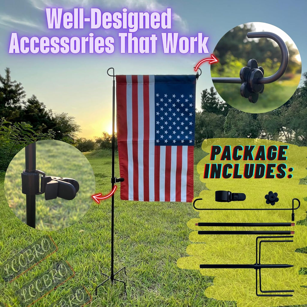 Garden Flag Stand Holder Pole with 5 Prong Base for Outside Double Flag, More Stable Yard Flag Stand Weather Proof