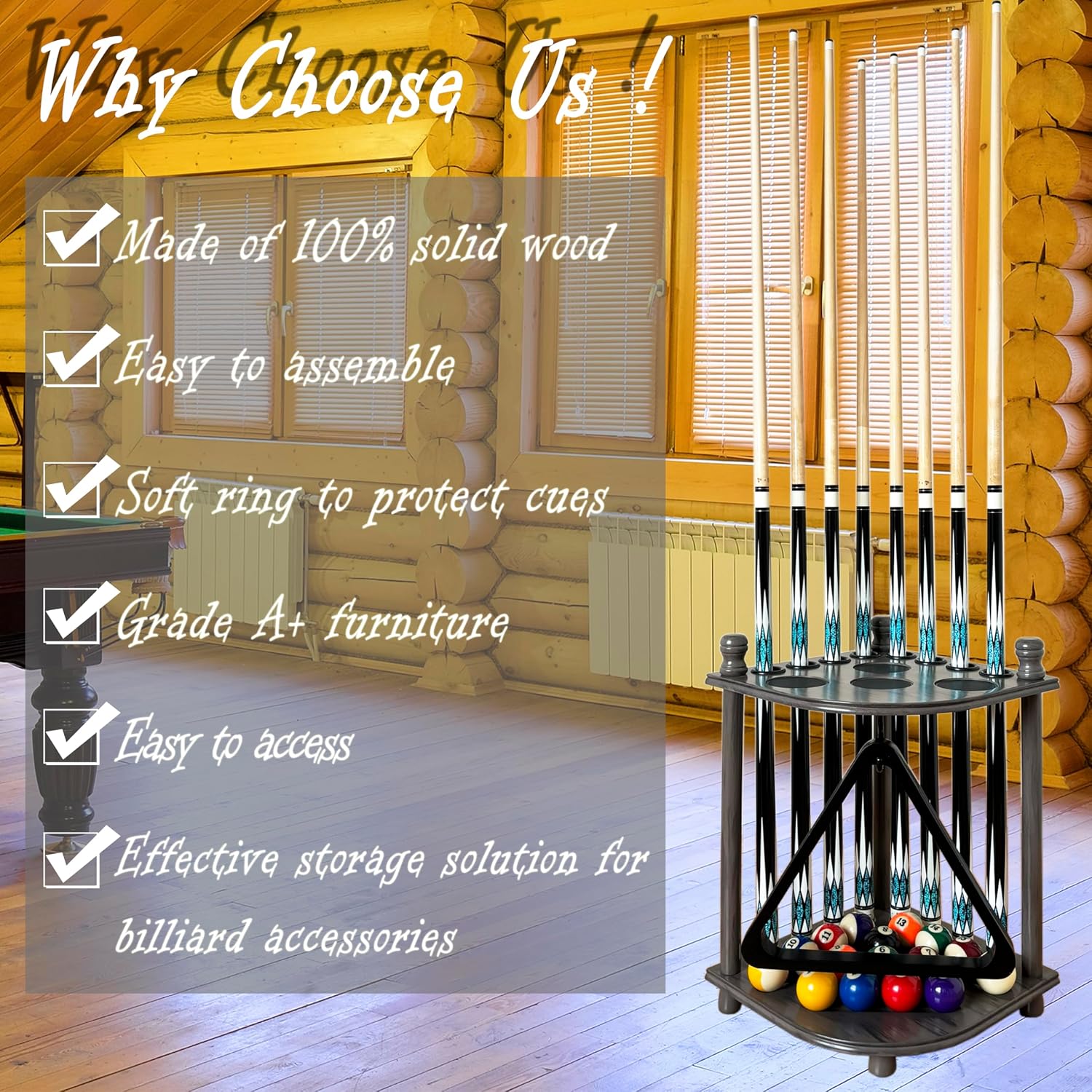 Pool Cue Rack Hold up to 8 Sticks & Billiard Accessories. Floor Stand Pool Cue Stick Holder Made of 100% Solid