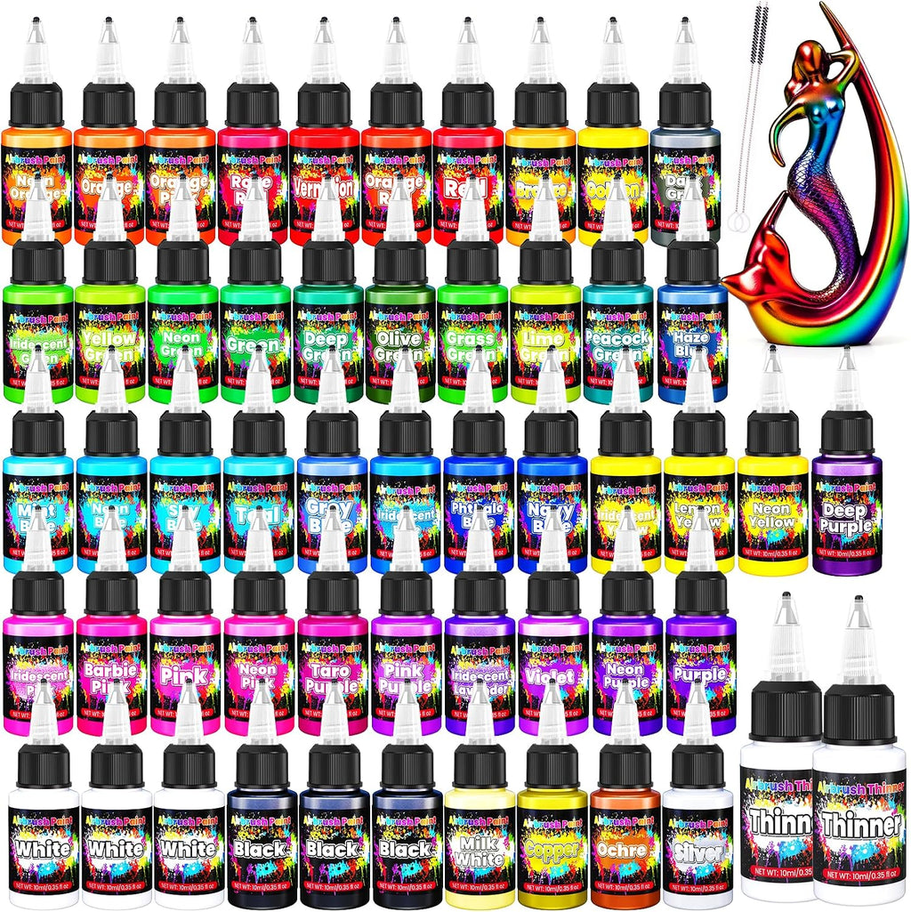 Airbrush Paint - 54 Colors with 2 Airbrush Thinners, Ready to Spray Air Brush Painting Set, Water Based Acrylic Paint