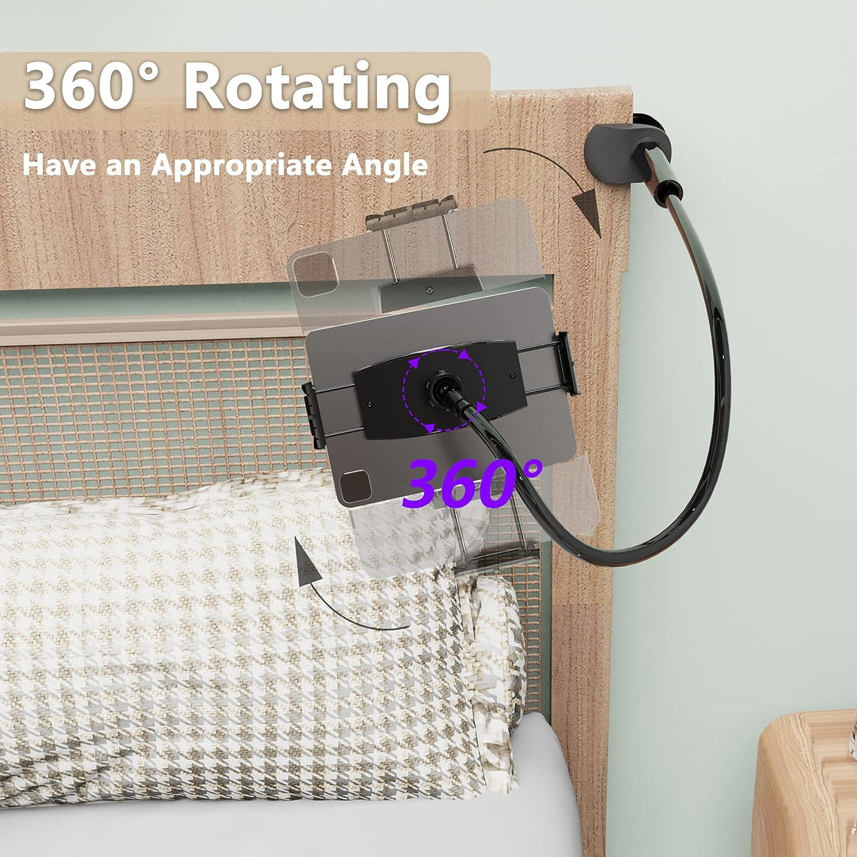 Gooseneck Tablet Holder for Bed, Reinforced Flexible Arm Tablet Stand with 360° Rotation, Hands-Free Clamp Mount for