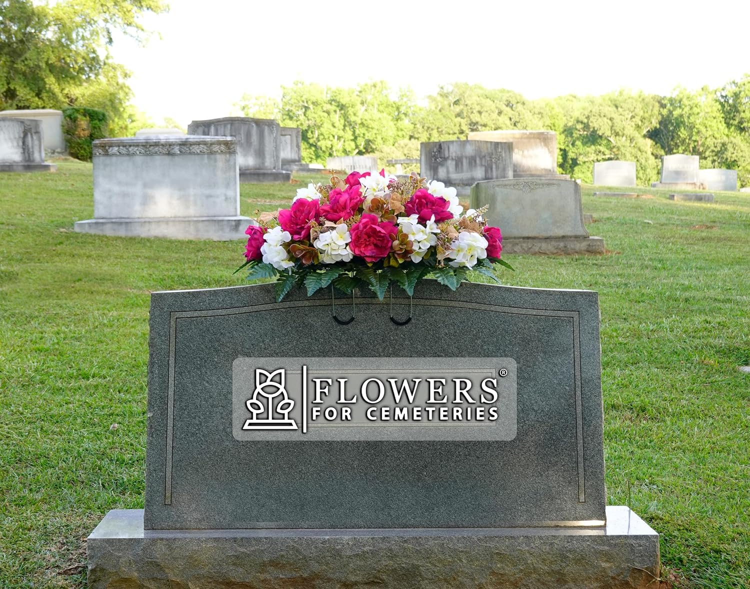 Artificial Cemetery Flowers - Grave Decoration - Fall Arrangement - 30" Long Plum Peony and White Hydrangea Saddle