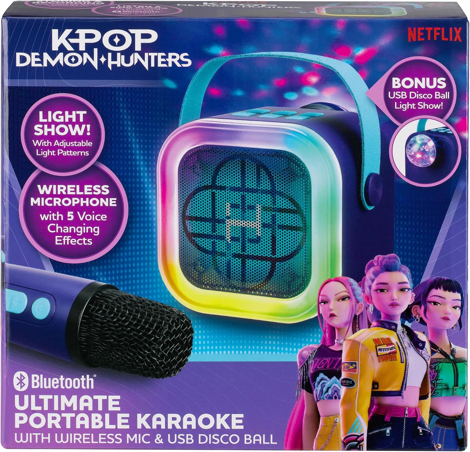 Kpop Demon Hunters Bluetooth Karaoke Machine for Kids, Wireless Microphone | Light Show and USB Disco Ball