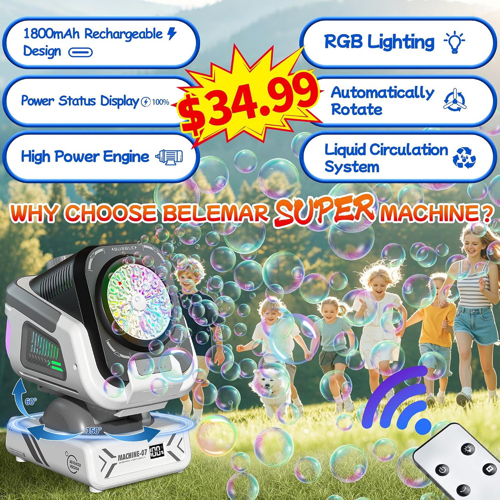 Upgraded Bubble Machine Outdoor Toys for Kids & Wedding Party | Auto Rotation,Type-C Rechargeable,Remote Control,RGB