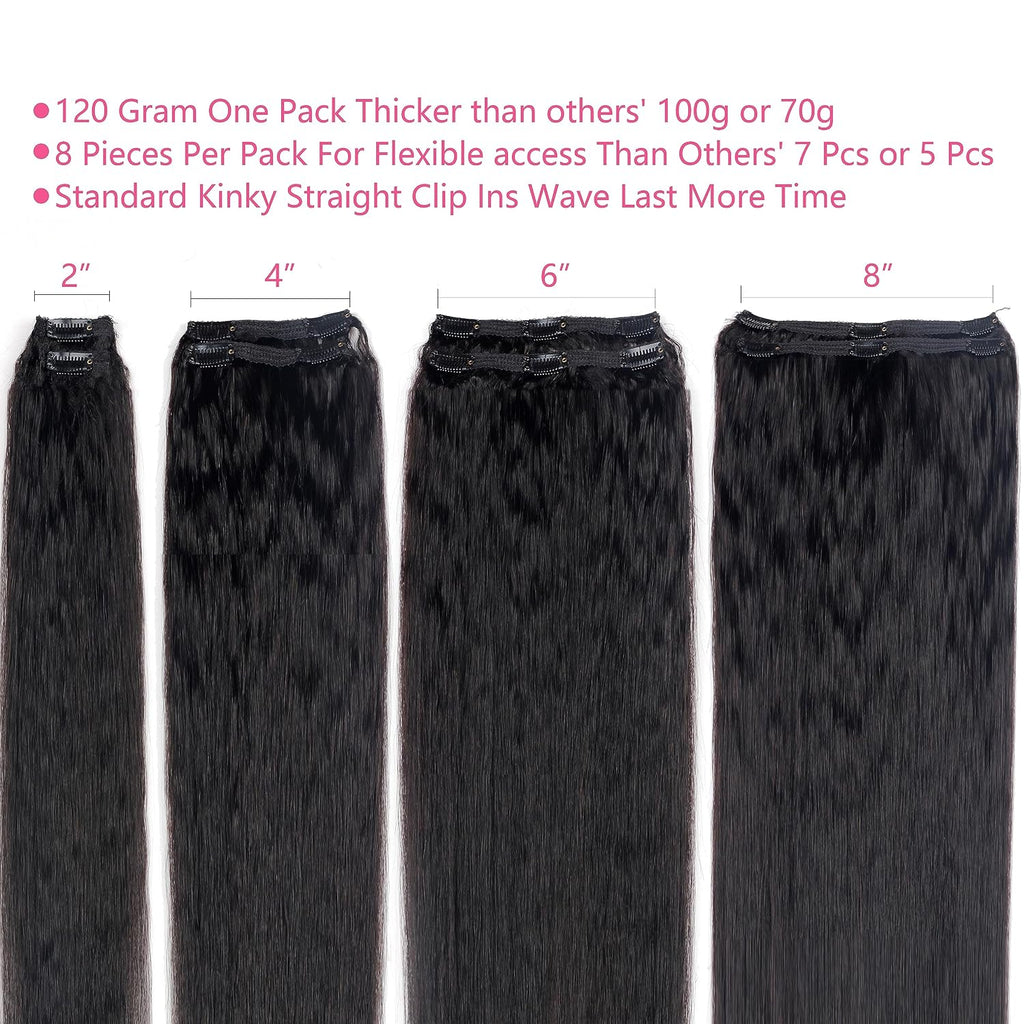 Kinky Straight Clip in Hair Extensions Real Human Hair Clip ins Natural Black Double Weft Clip ins for Women 12 Inch