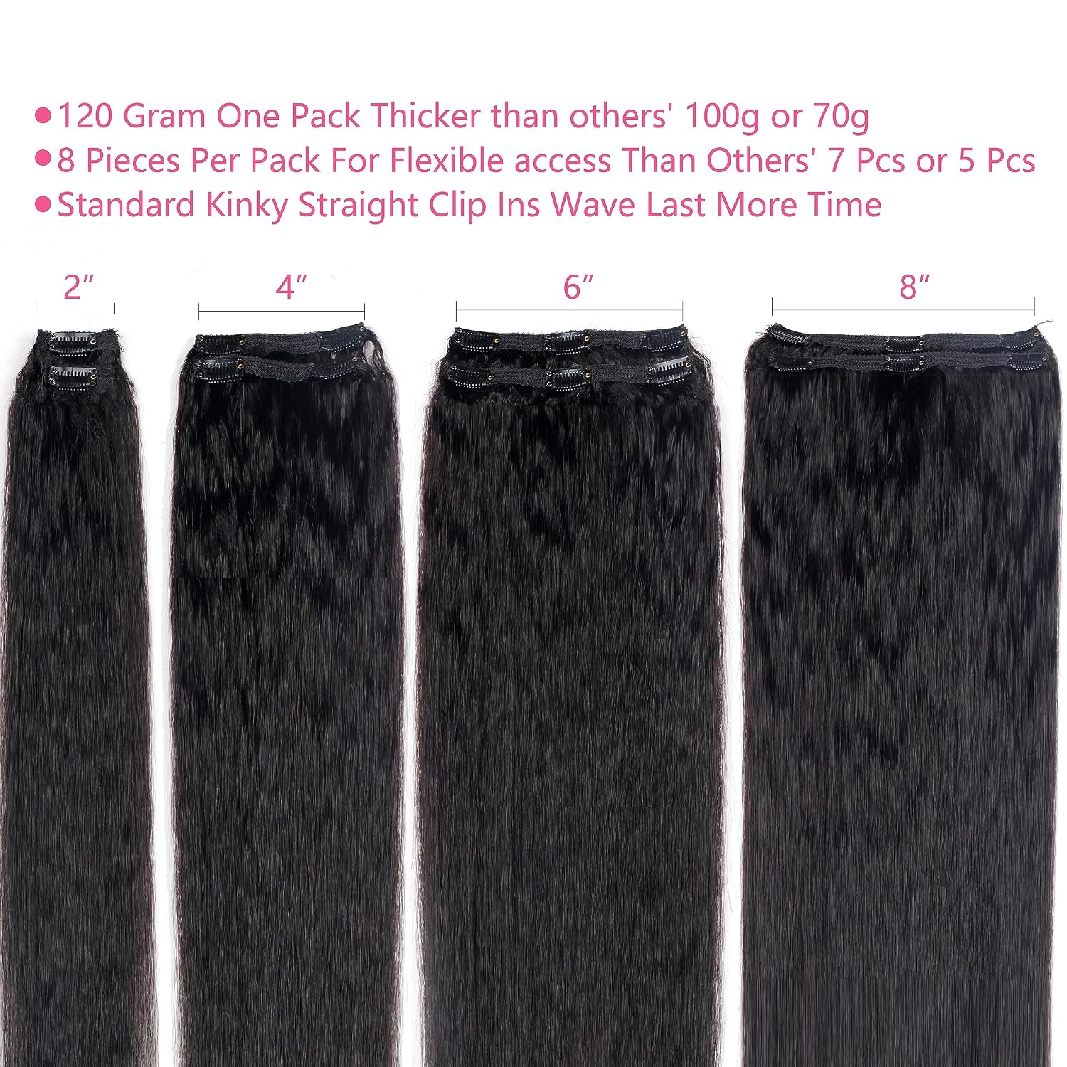 Kinky Straight Clip in Hair Extensions Real Human Hair Clip ins Natural Black Double Weft Clip ins for Women 12 Inch