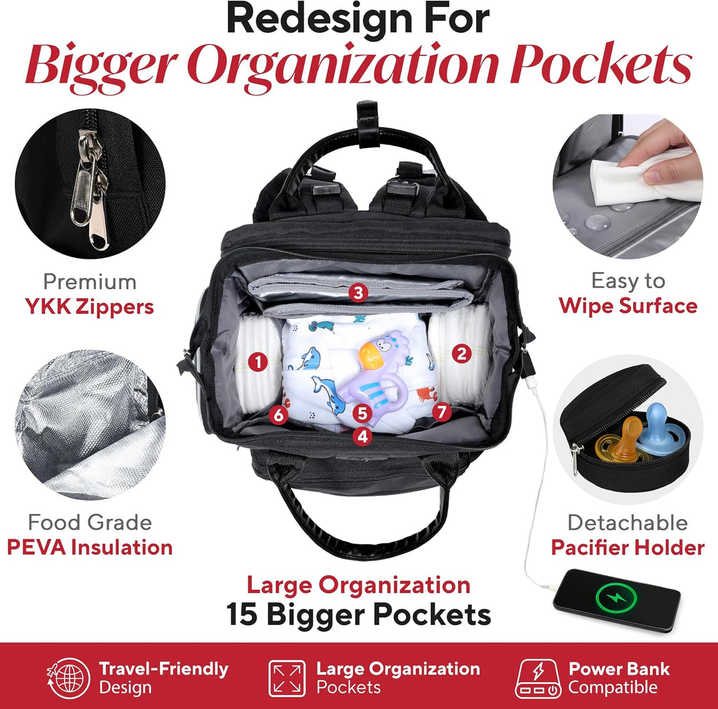 Award-Winning Baby Diaper Bag Backpack with Changing Station –Large Multifunction Waterproof Diaper Bag, Warm Bottle
