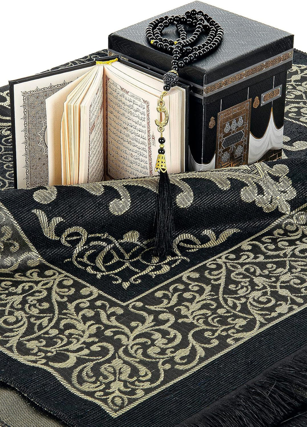 Prayer Rug Set with Mini Quran & Kaaba Cubic Gift Box, Prayer Beads Tasbih, Soft Sajadah, Namaz Mat, Islamic Gift for