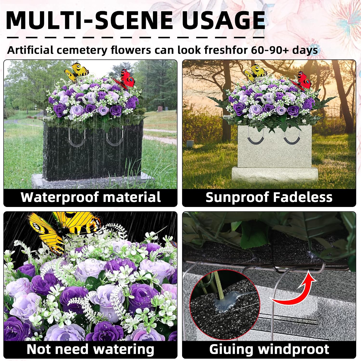 Artificial Cemetery Flowers for Grave,Large Headstone Flower Saddle Realistic Grave Flowers Memorial Silk Rose