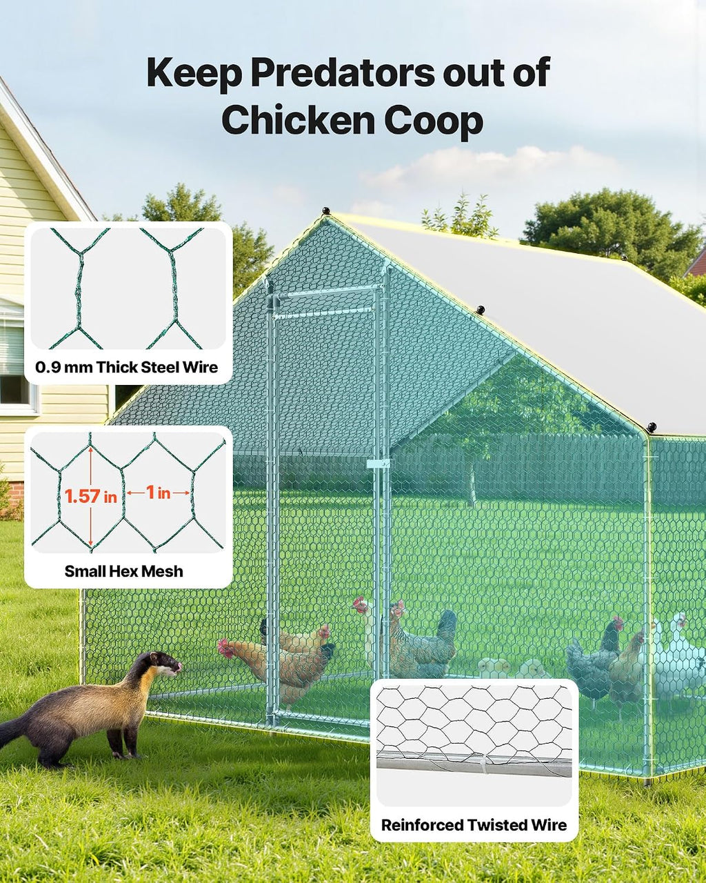 Large Metal Chicken Coop with Run, Walkin Chicken Coop for Yard with Waterproof Cover, 6.5 x 9.8 x 6.5 ft, Spire Roof