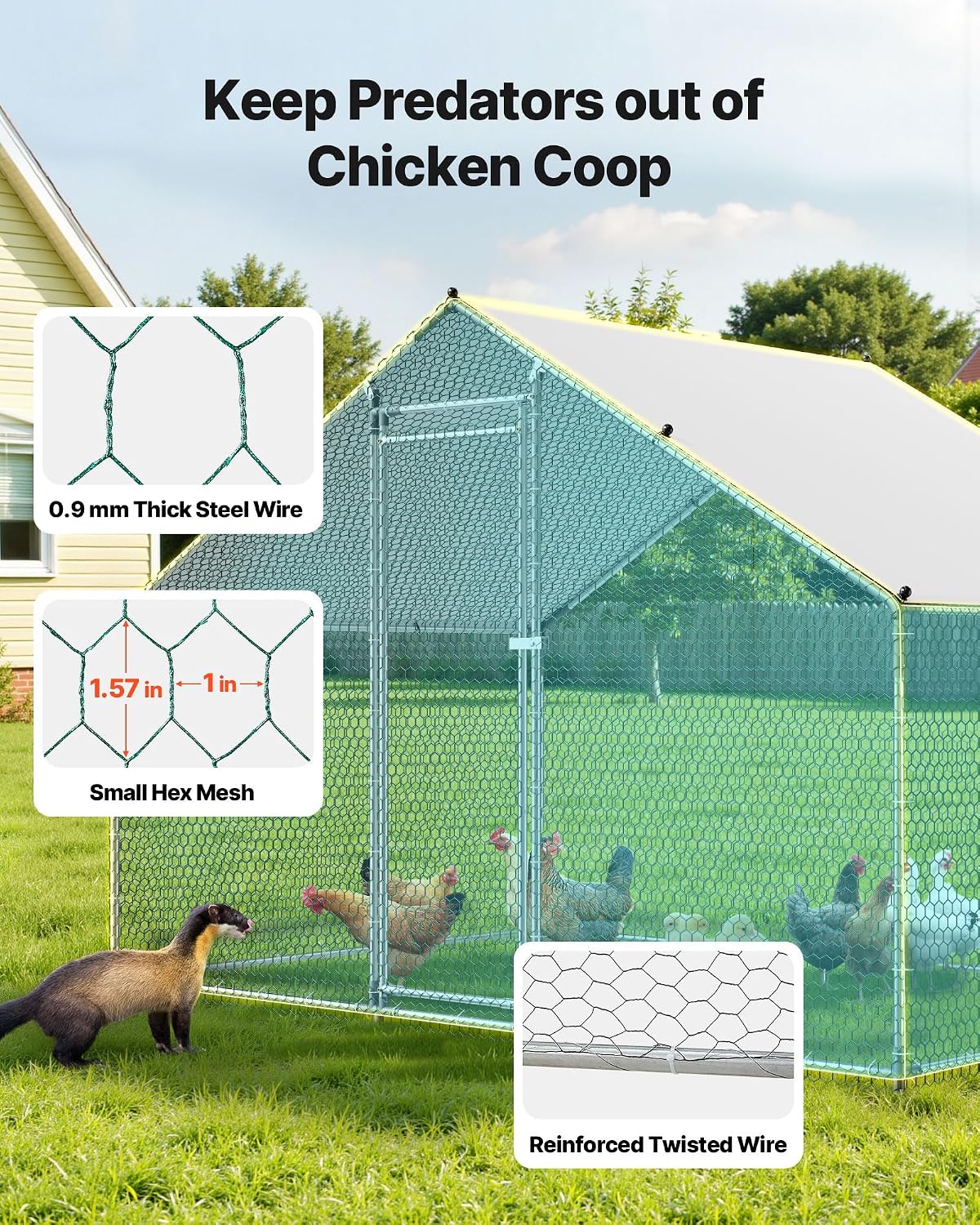 Large Metal Chicken Coop with Run, Walkin Chicken Coop for Yard with Waterproof Cover, 6.5 x 9.8 x 6.5 ft, Spire Roof