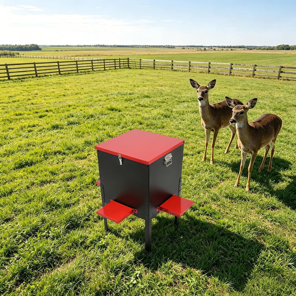 Deer Feeder with 4 Feeding Trays, 100 LBS Gravity Deer Feeder/Red