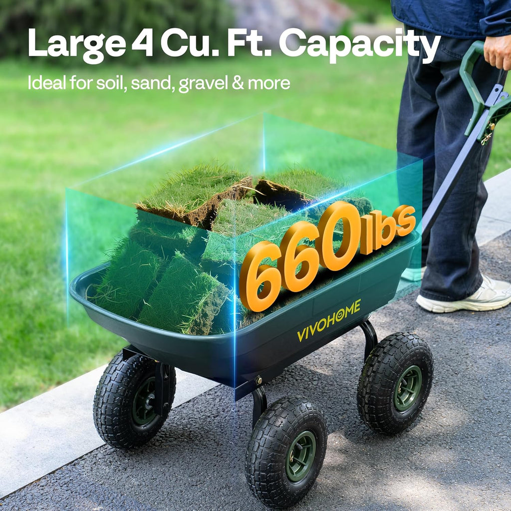 4 Cu.Ft 660lbs Wheelbarrow Garden Cart Dump Wagon with 2-in-1 Convertible Handle Attach to ATV or Tractor, 10" All