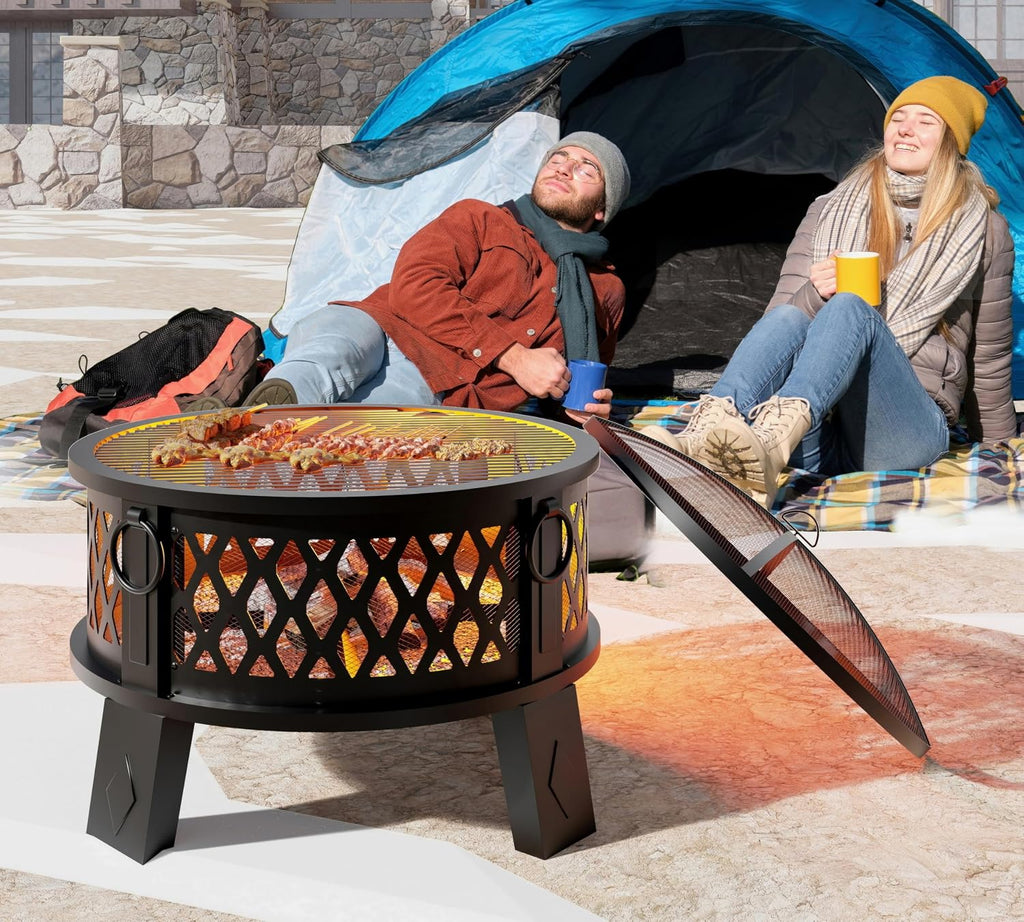 26" Steel Fire Pit with Grill & Diamond Mesh Design,360° Airflow Tech for 80% Less Smoke,XL Flames,Heavy-Duty