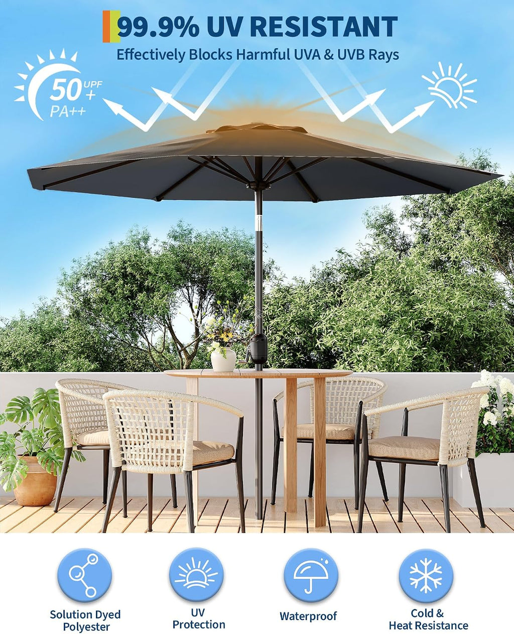10 ft Outdoor Patio Umbrella, Outdoor Table Umbrella, Market Umbrella with Push Button Tilt and Crank, 8 Sturdy Ribs