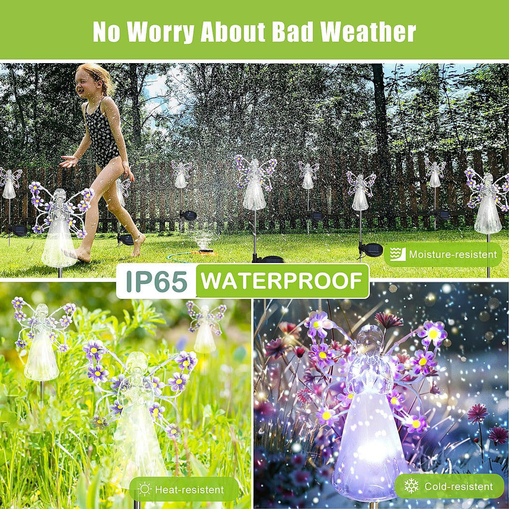 Angel Solar Lights Outdoor, 2 Packs Purple Solar Powered Garden Stake Lights for Cemetery Grave Decoration, Memorial