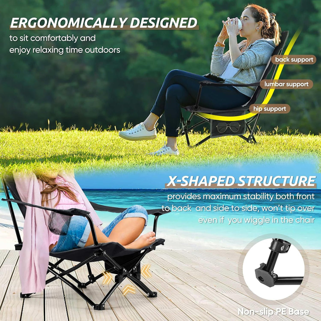 Low Beach Chairs, 3Pcs Folding Camping Chairs with Table - Black | Lawn Chair Set for Adults Fishing, Picnic