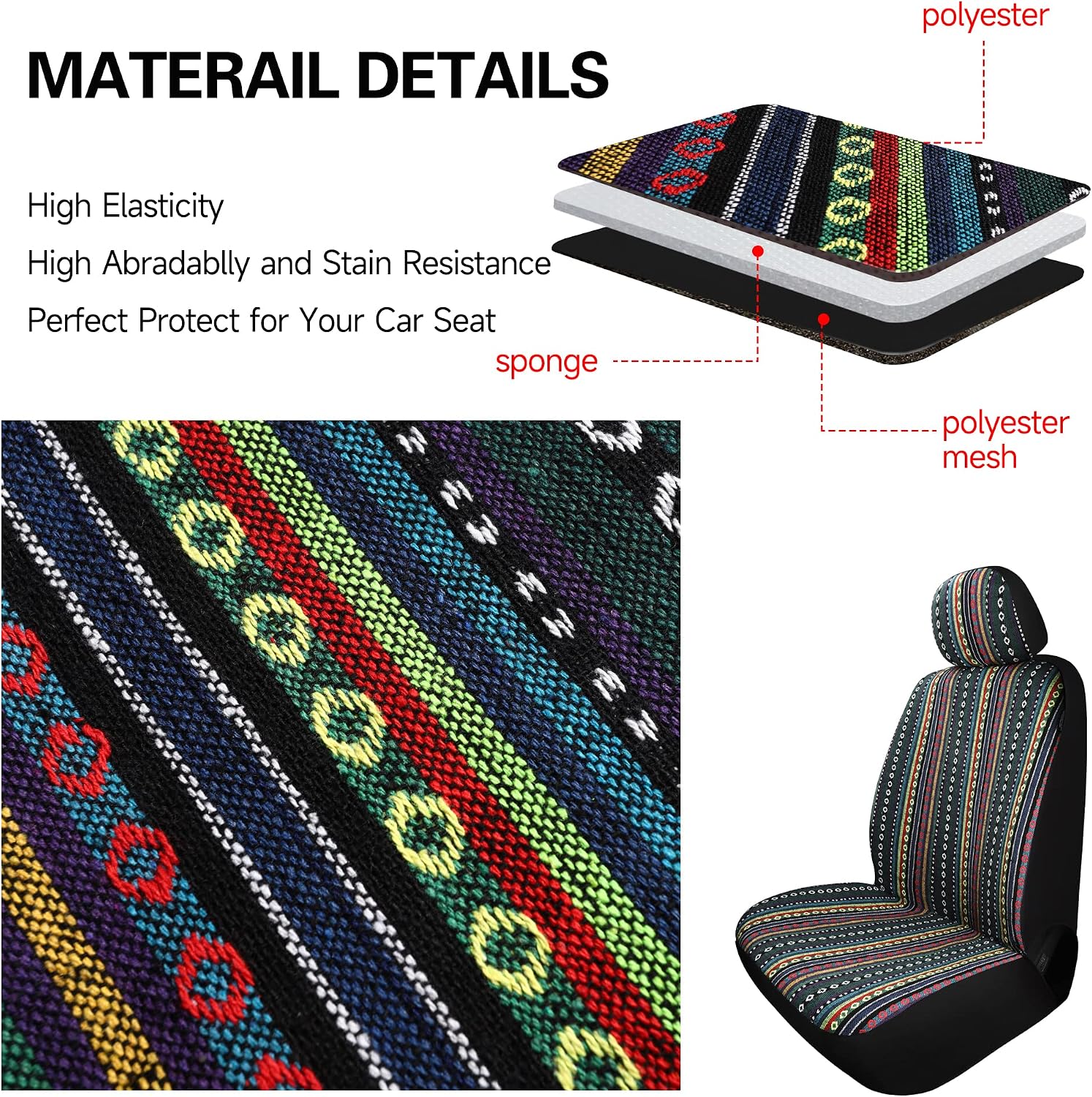 Baja Saddle Blanket Car Seat Covers Front Set with Seat Belt Pads, Washable Breathable Striped Woven Cloth Seat